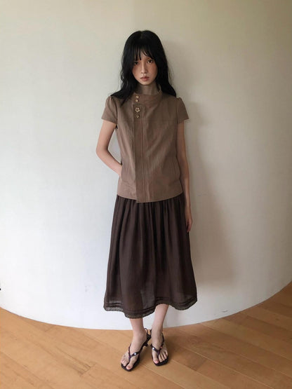 Dorydory Mocha A Line Raglan High Collar Slim Button Women&