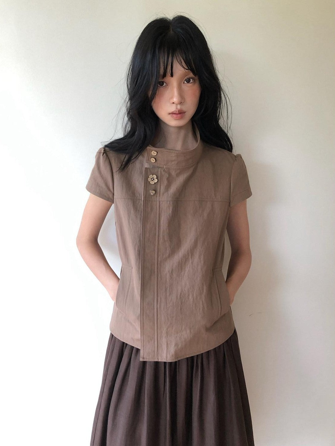 Dorydory Mocha A Line Raglan High Collar Slim Button Women&