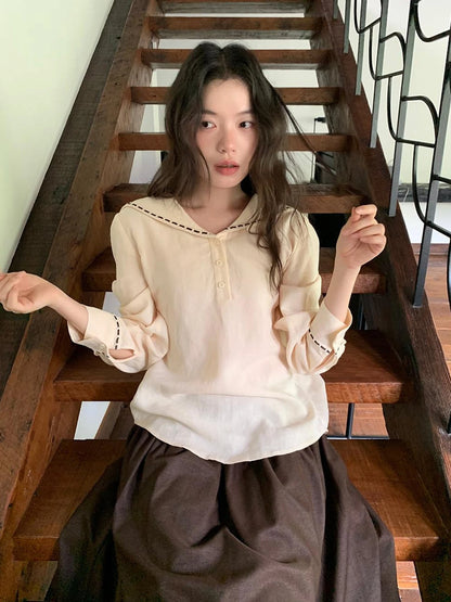 Navy Collar Relaxed Fit Tease Linen Blend Shirt