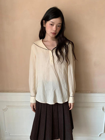 Navy Collar Relaxed Fit Tease Linen Blend Shirt