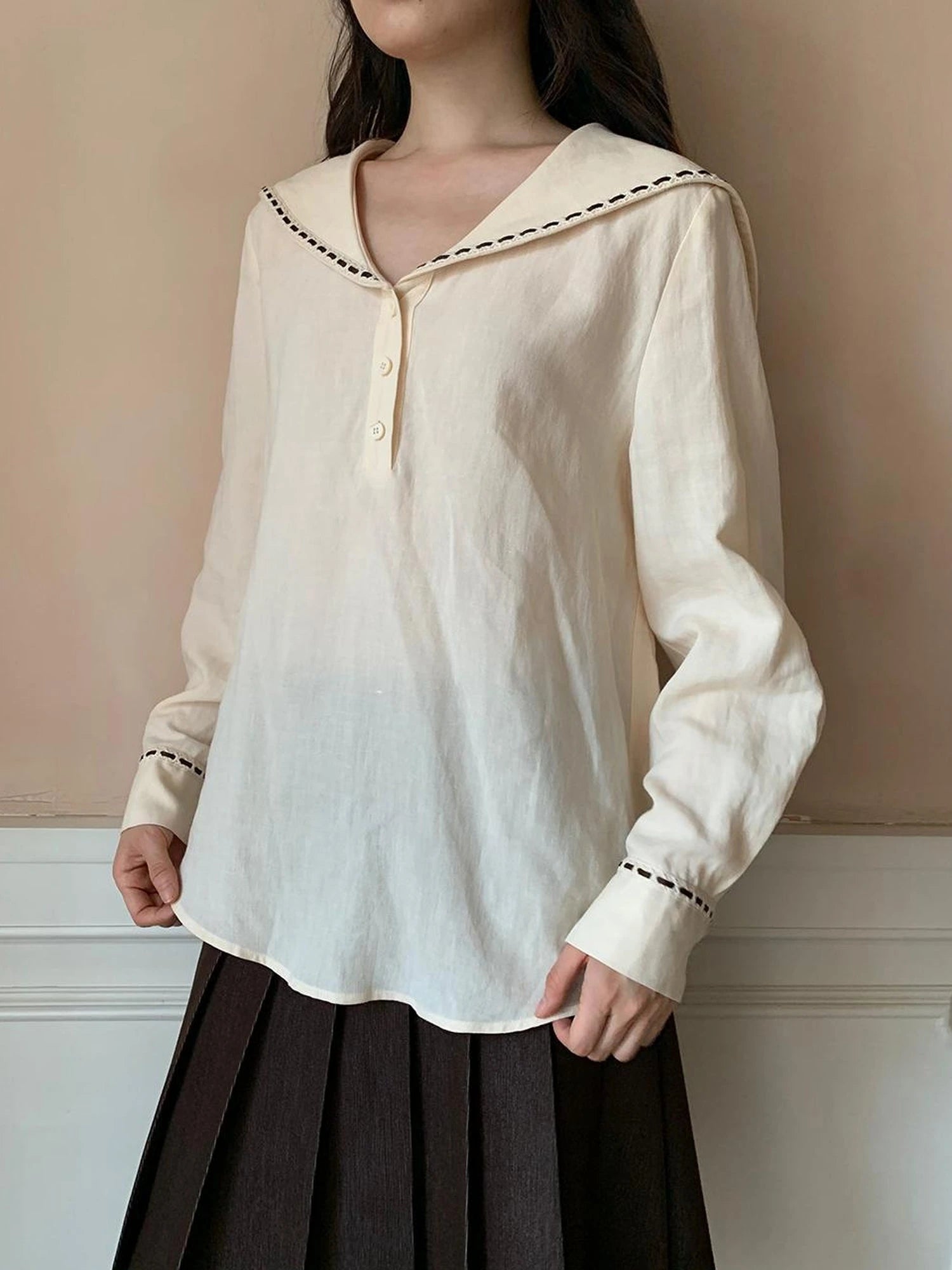 Navy Collar Relaxed Fit Tease Linen Blend Shirt