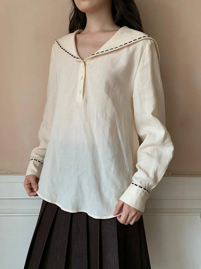 Navy Collar Relaxed Fit Tease Linen Blend Shirt