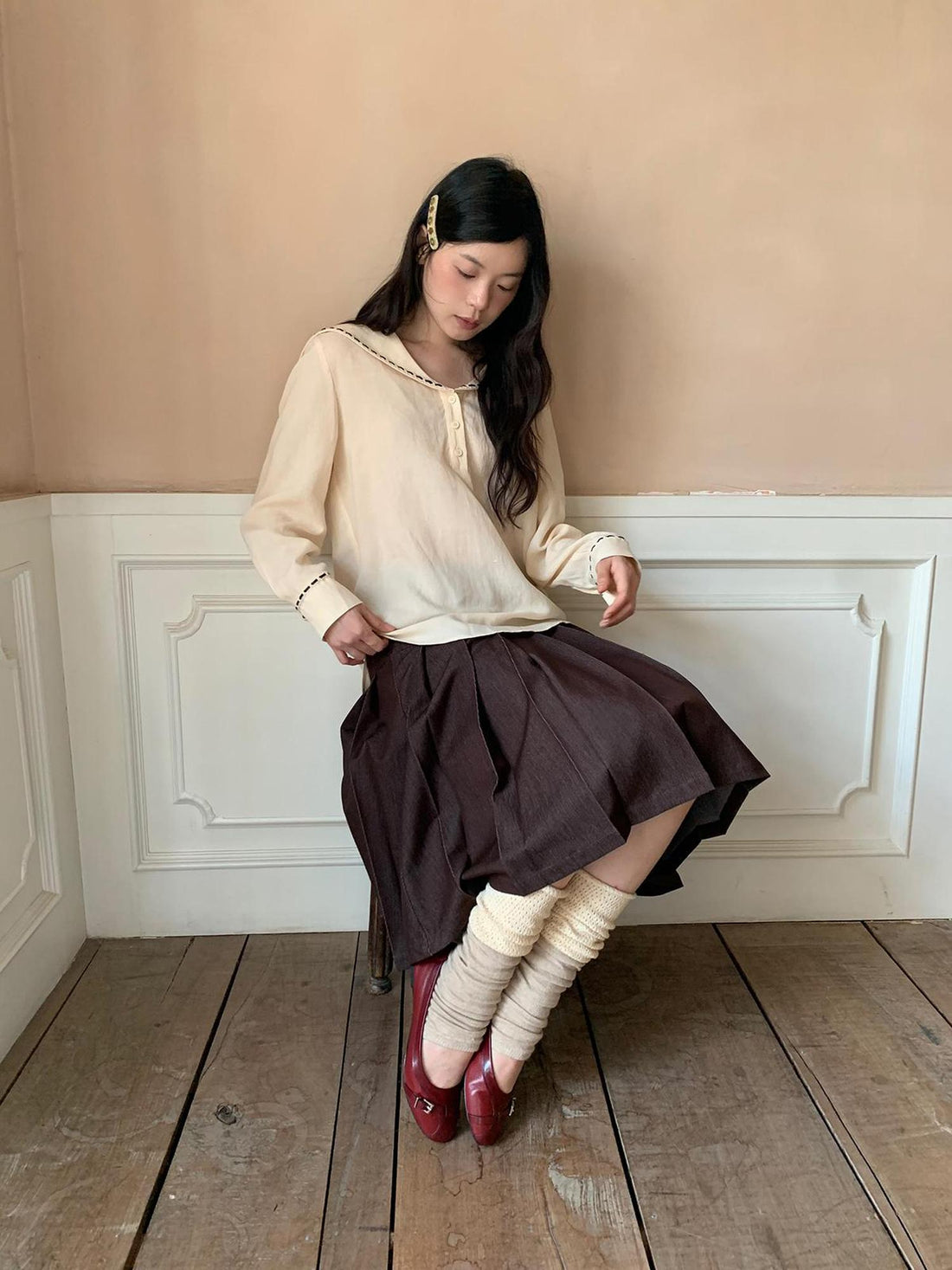 Dorydory Navy Collar Relaxed Fit Tease Linen Blend Shirt