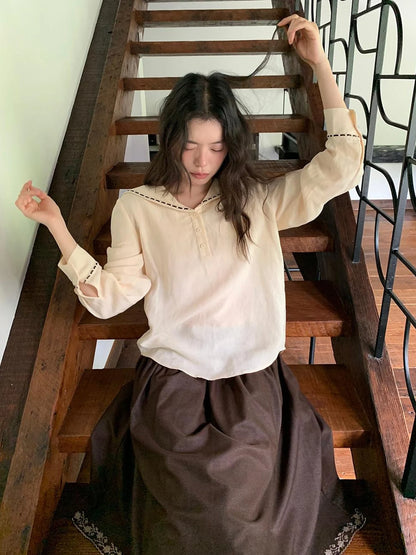 Navy Collar Relaxed Fit Tease Linen Blend Shirt