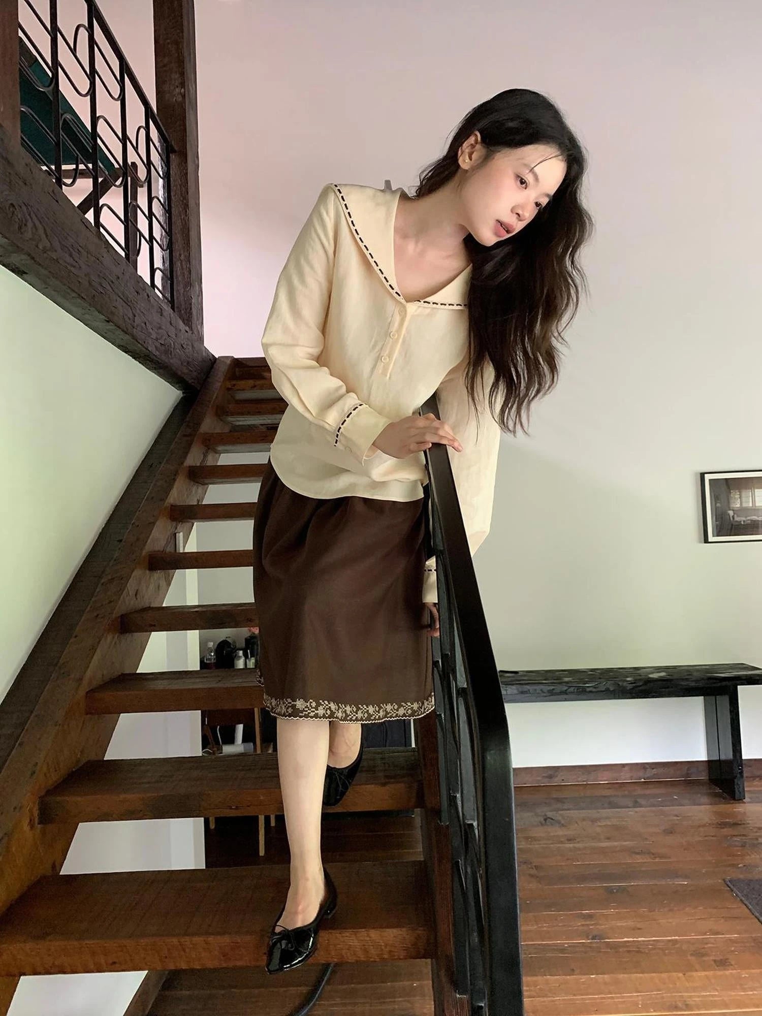 Navy Collar Relaxed Fit Tease Linen Blend Shirt