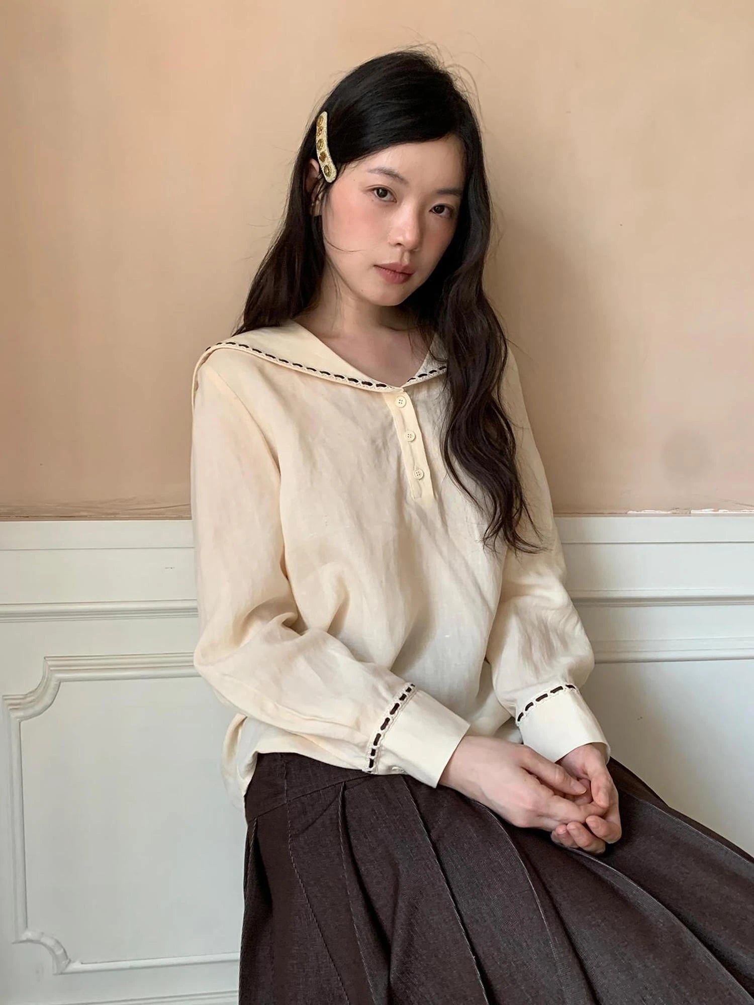 Navy Collar Relaxed Fit Tease Linen Blend Shirt