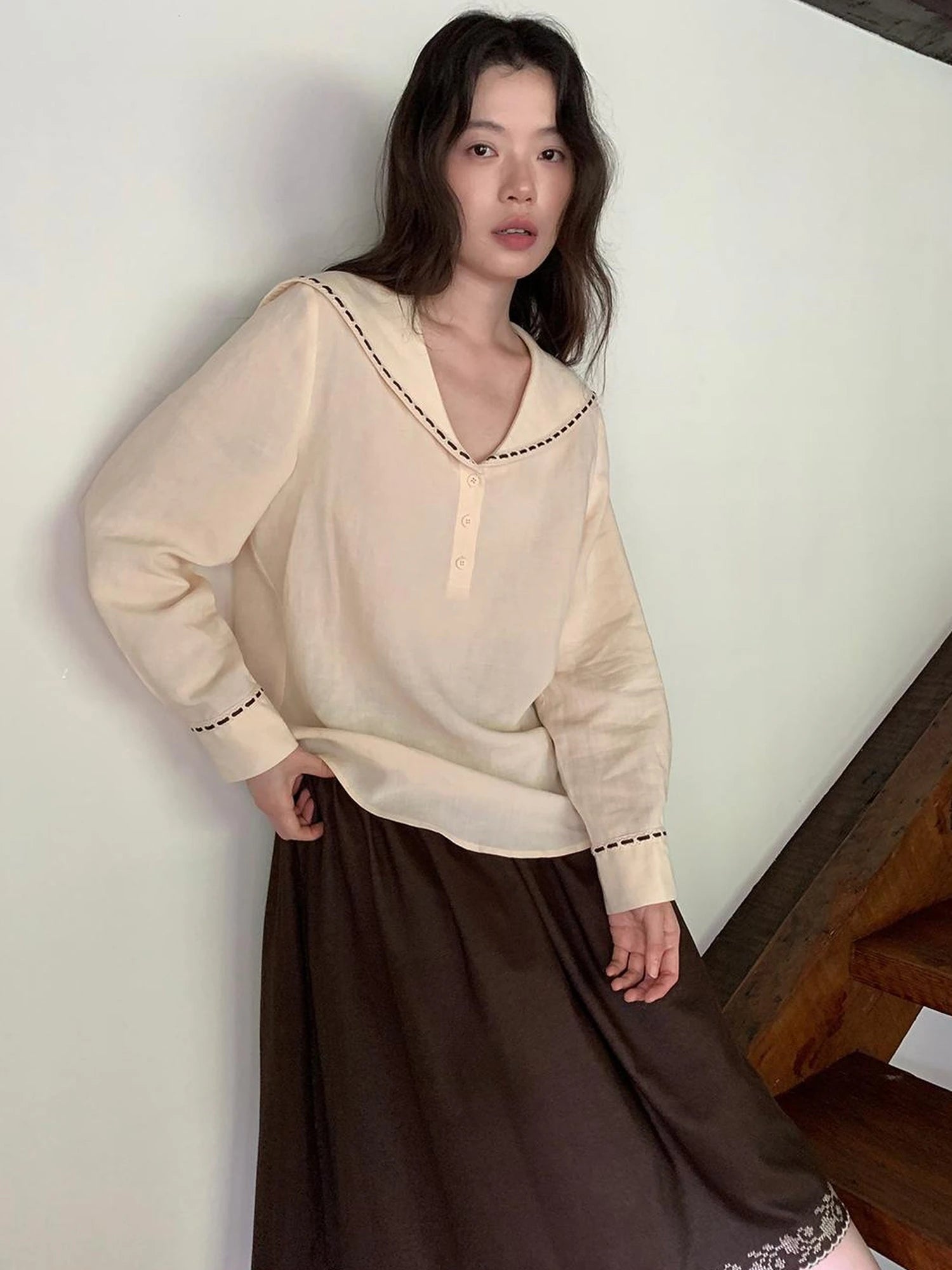 Navy Collar Relaxed Fit Tease Linen Blend Shirt