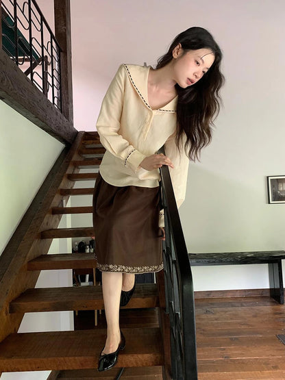 Navy Collar Relaxed Fit Tease Linen Blend Shirt