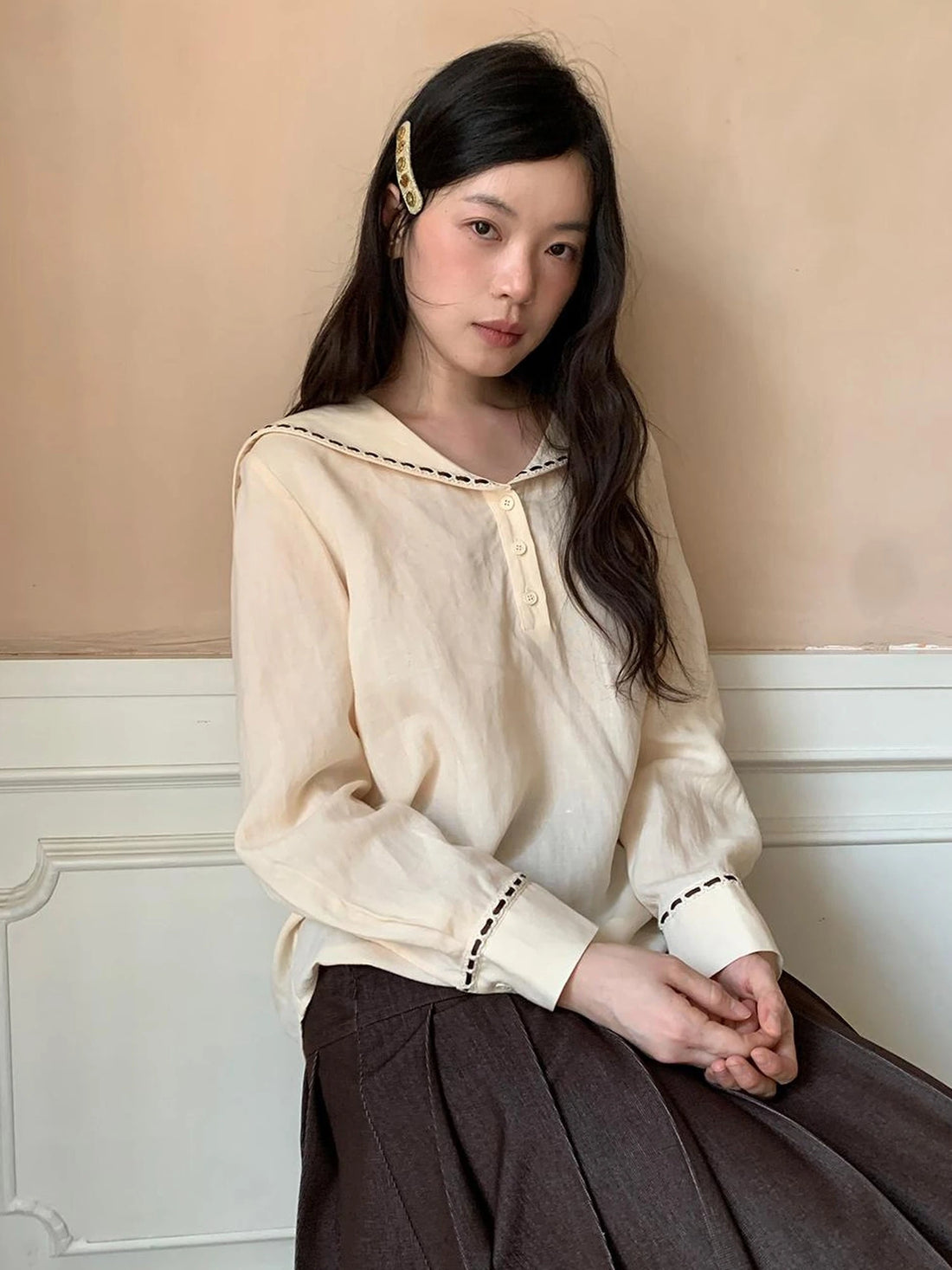 Navy Collar Relaxed Fit Tease Linen Blend Shirt