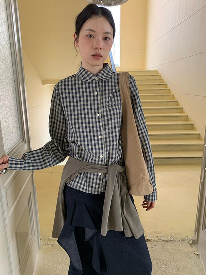 Dorydory Navy Plaid Small Round Collar New Chinese Style Women&