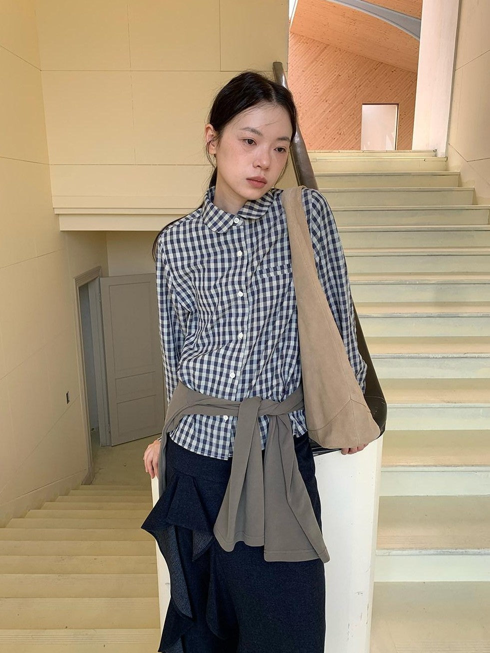 Dorydory Navy Plaid Small Round Collar New Chinese Style Women&