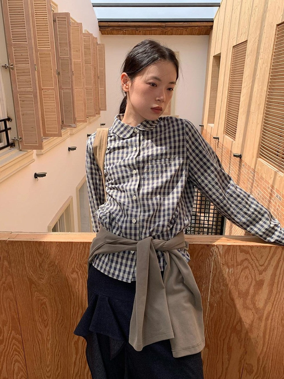 Dorydory Navy Plaid Small Round Collar New Chinese Style Women&