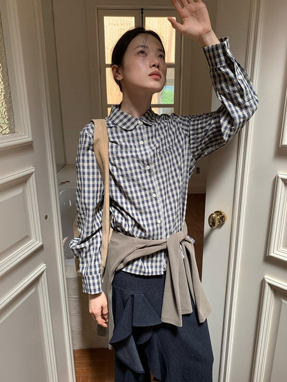 Dorydory Navy Plaid Small Round Collar New Chinese Style Women&