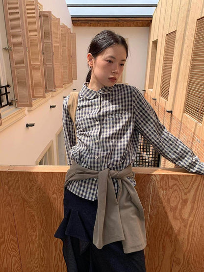 Dorydory Navy Plaid Small Round Collar New Chinese Style Women&