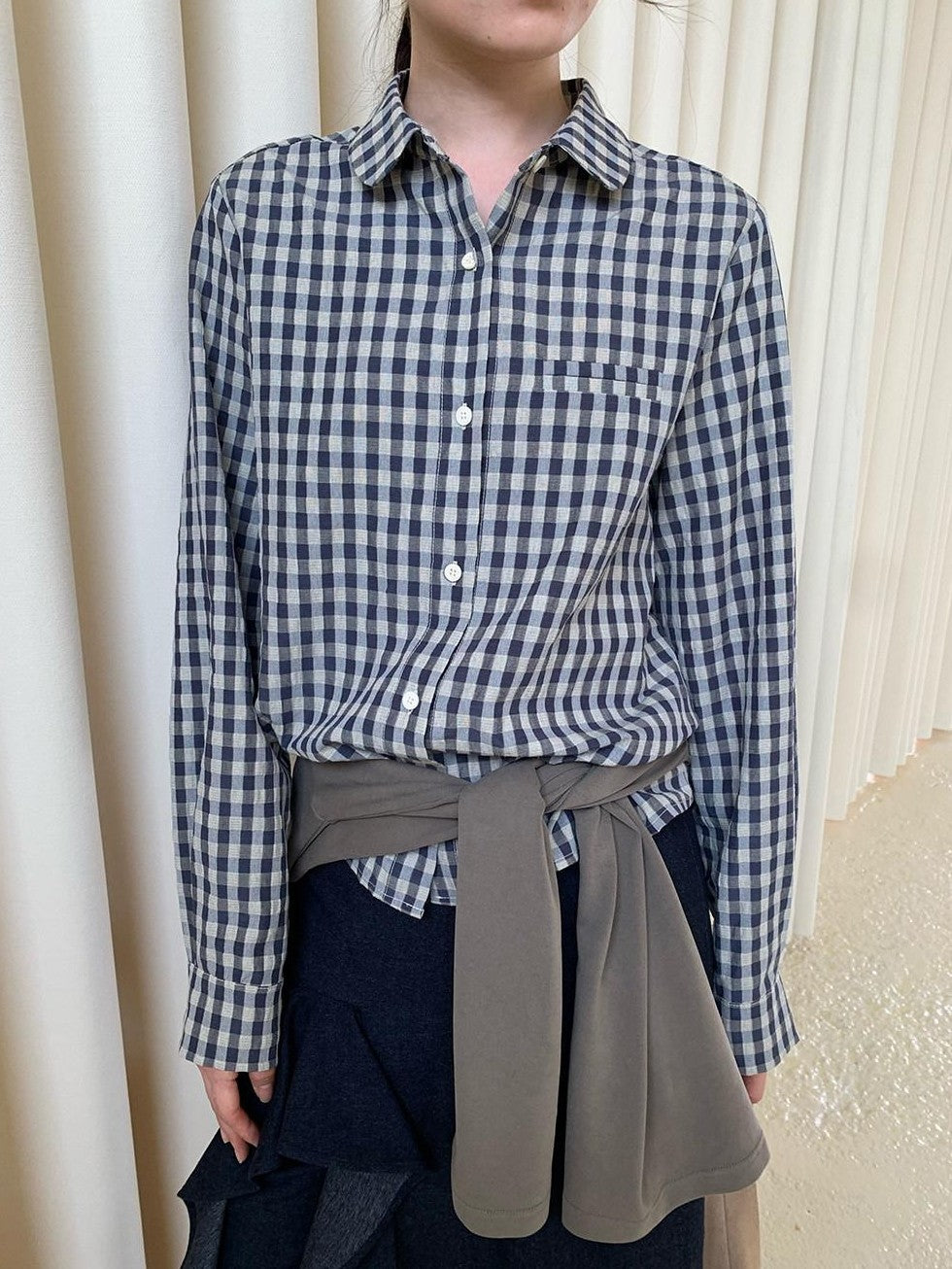 Dorydory Navy Plaid Small Round Collar New Chinese Style Women&