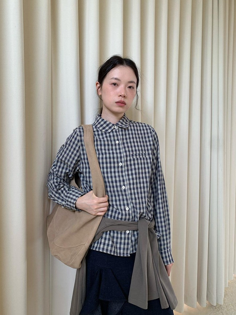 Dorydory Navy Plaid Small Round Collar New Chinese Style Women&