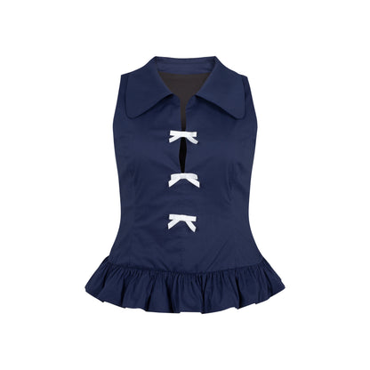 Dorydory_Navy_White_Bow_Lapel_Waist_Cinched_Cardigan_Women&