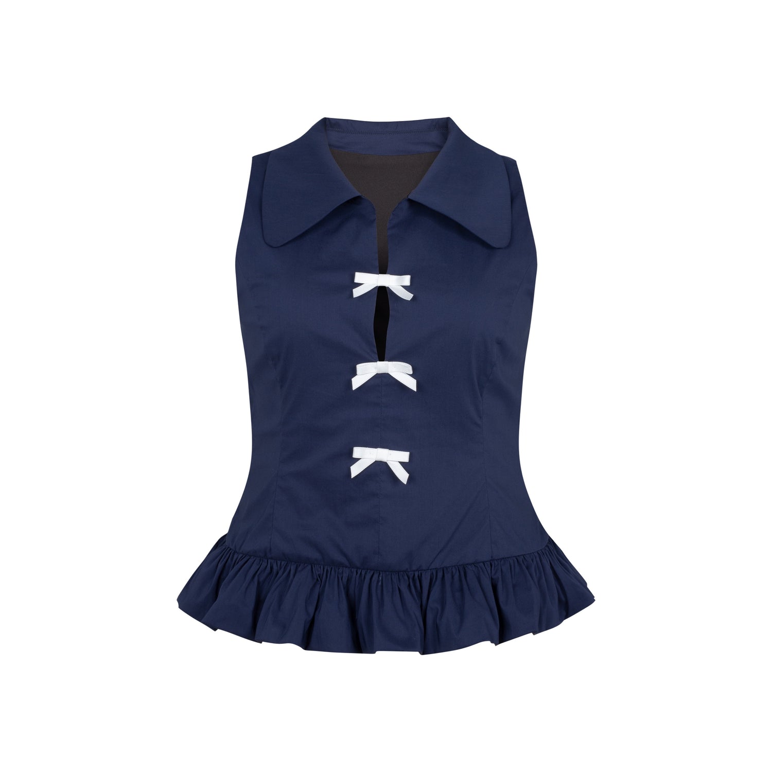 Dorydory_Navy_White_Bow_Lapel_Waist_Cinched_Cardigan_Women&