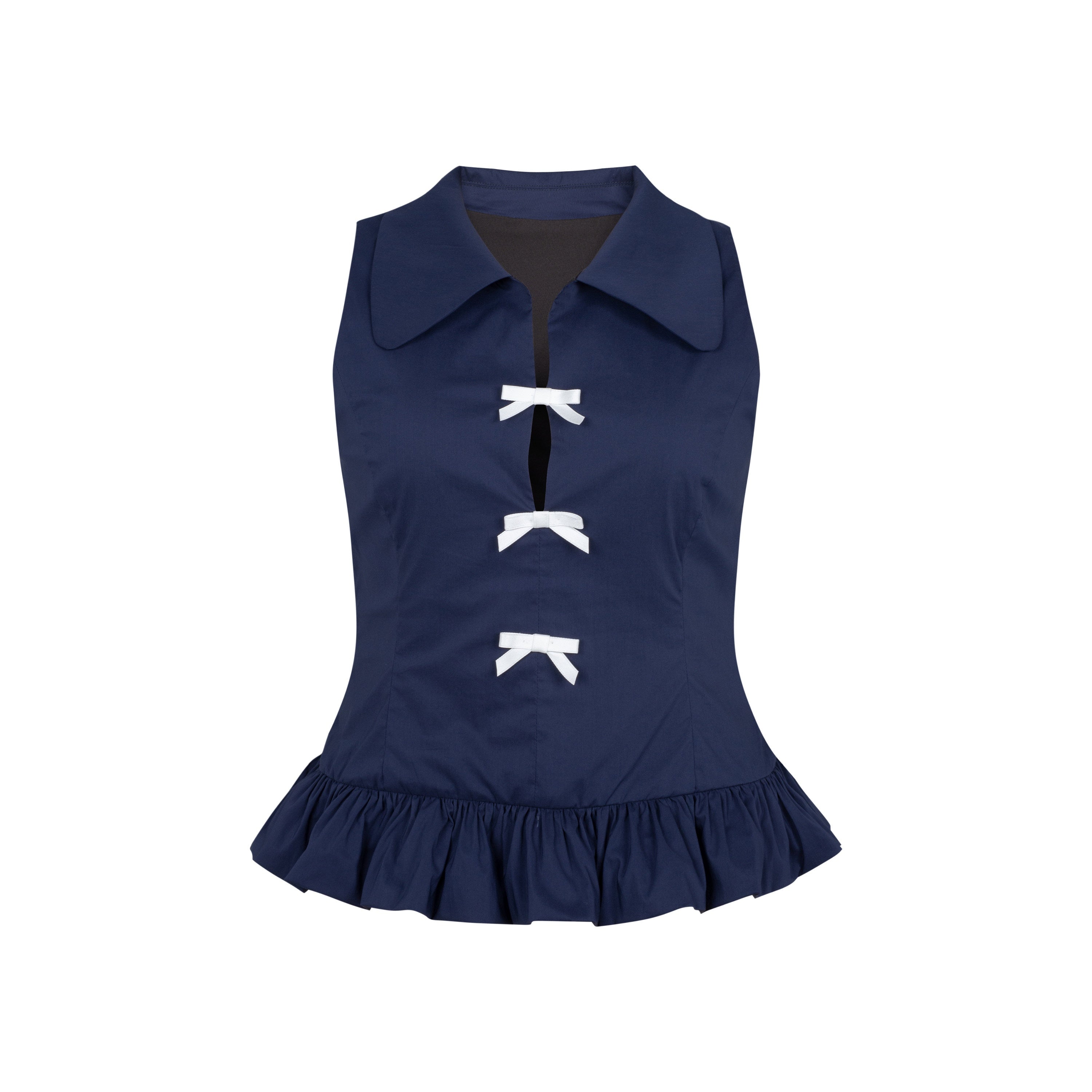 Dorydory_Navy_White_Bow_Lapel_Waist_Cinched_Cardigan_Women&