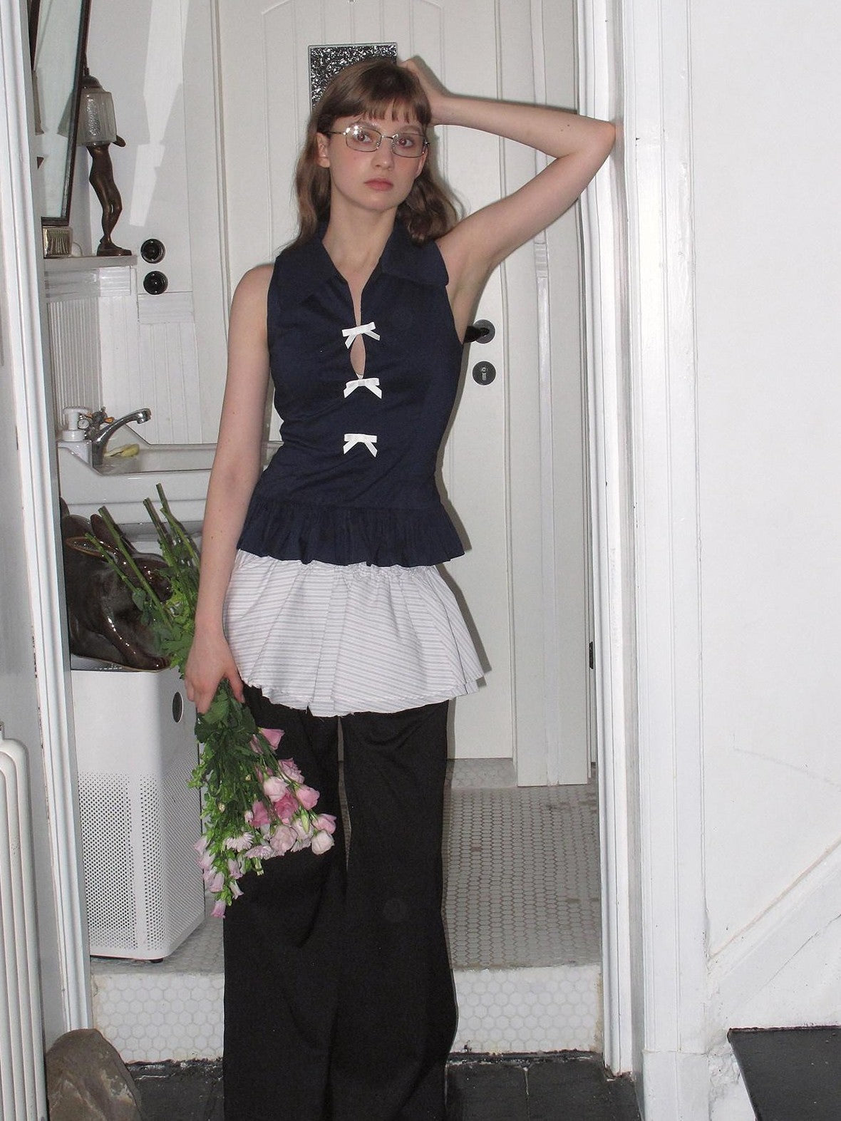 Dorydory Navy White Bow Lapel Waist Cinched Cardigan Women&