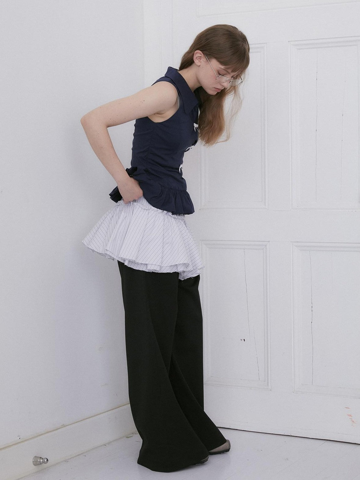 Dorydory Navy White Bow Lapel Waist Cinched Cardigan Women&