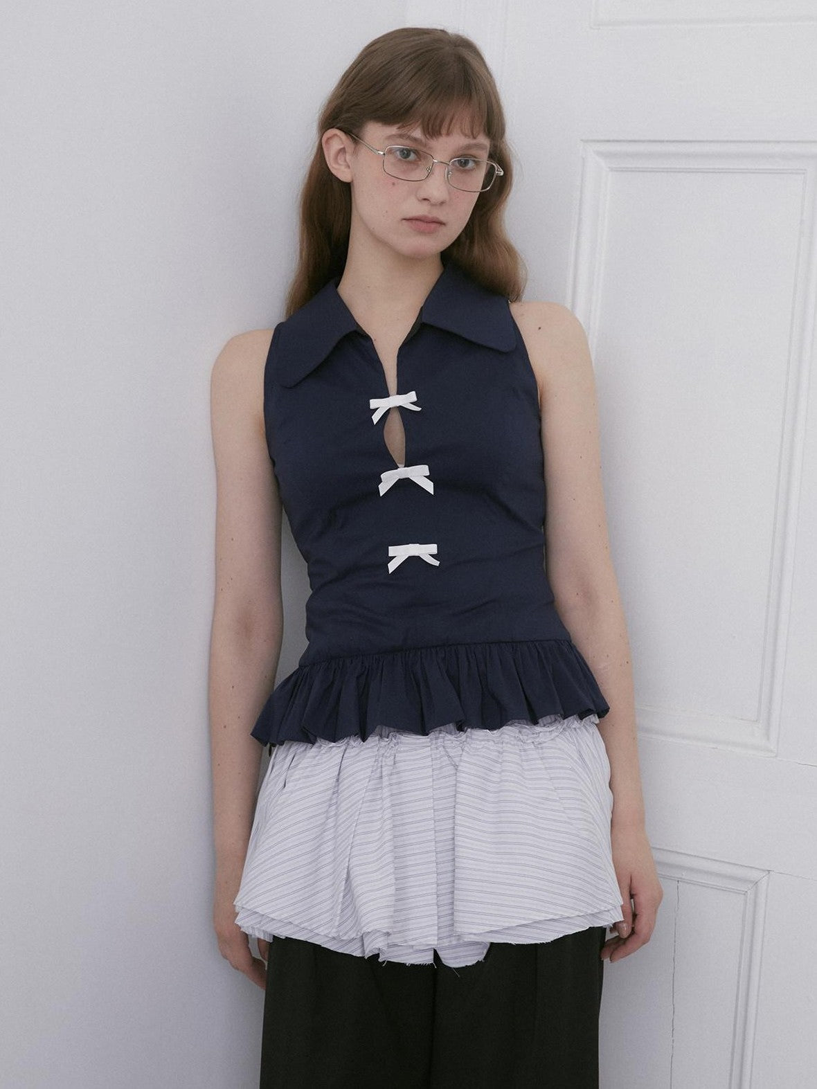 Dorydory Navy White Bow Lapel Waist Cinched Cardigan Women&