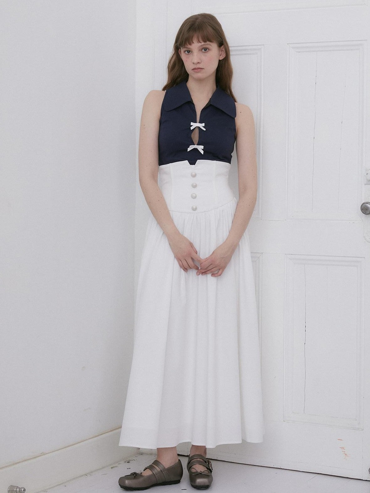 Dorydory Navy White Bow Lapel Waist Cinched Cardigan Women&