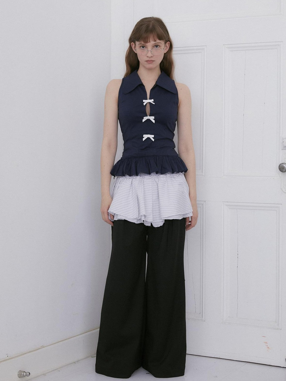 Dorydory Navy White Bow Lapel Waist Cinched Cardigan Women&