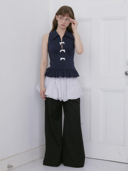 Dorydory Navy White Bow Lapel Waist Cinched Cardigan Women&