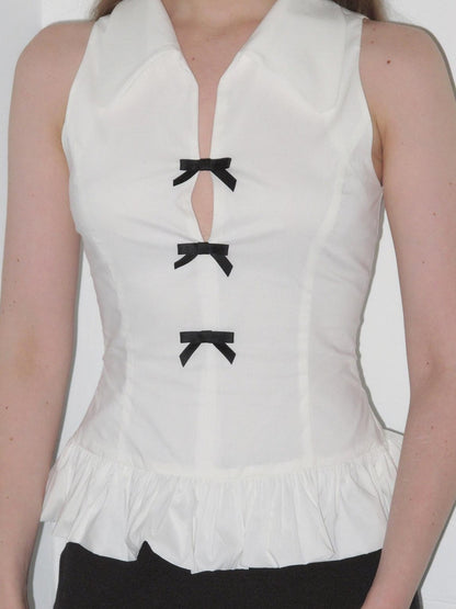 Dorydory Navy White Bow Lapel Waist Cinched Cardigan Women&
