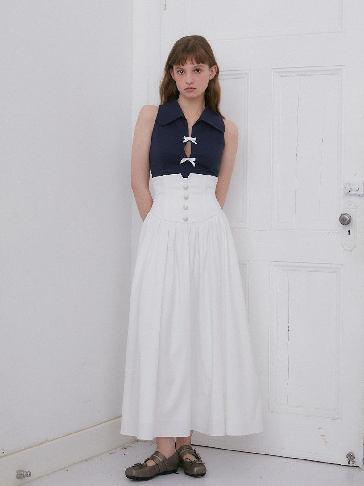 Dorydory Navy White Bow Lapel Waist Cinched Cardigan Women&