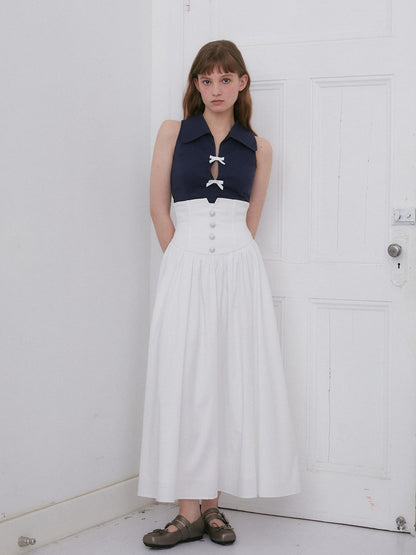 Dorydory Navy White Bow Lapel Waist Cinched Cardigan Women&