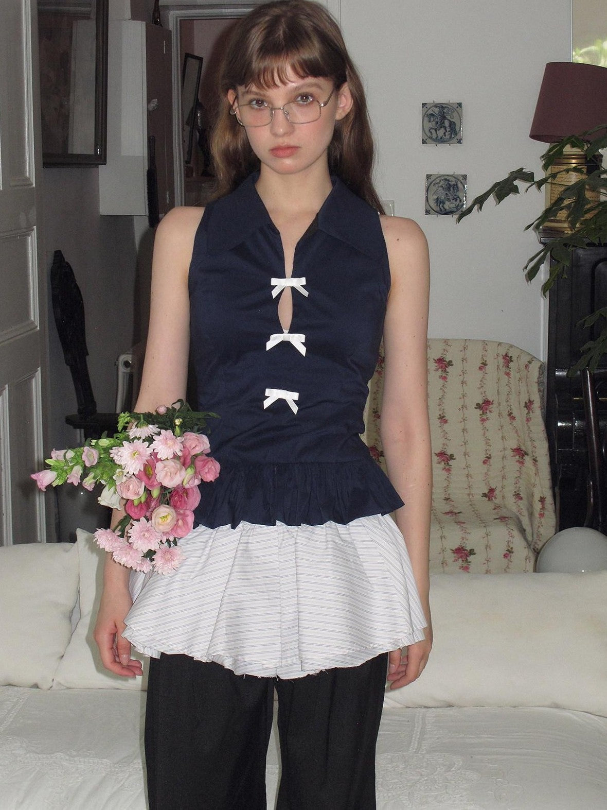 Dorydory Navy White Bow Lapel Waist Cinched Cardigan Women&