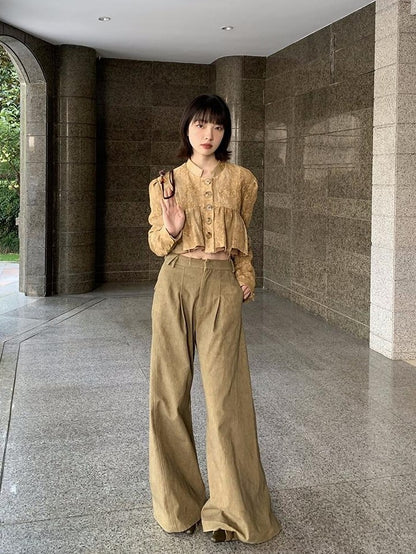 Dorydory New Chinese Style High Waist Wide Leg Cotton Women&