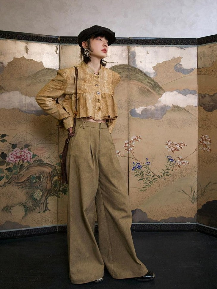 Dorydory New Chinese Style High Waist Wide Leg Cotton Women&