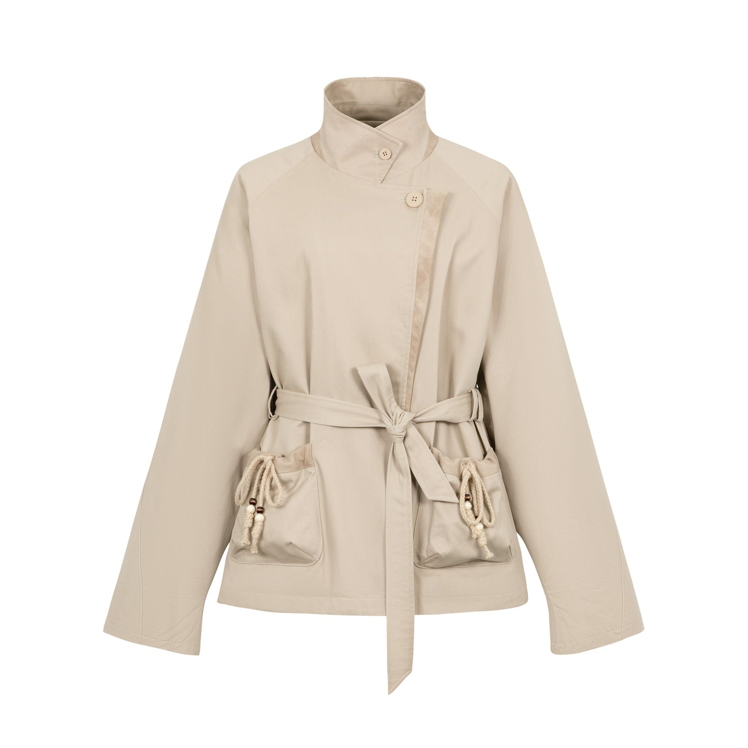 Dorydory_Oatmeal_Gray_Stand_Collar_Mid_Length_Waist_Cinch_Women&