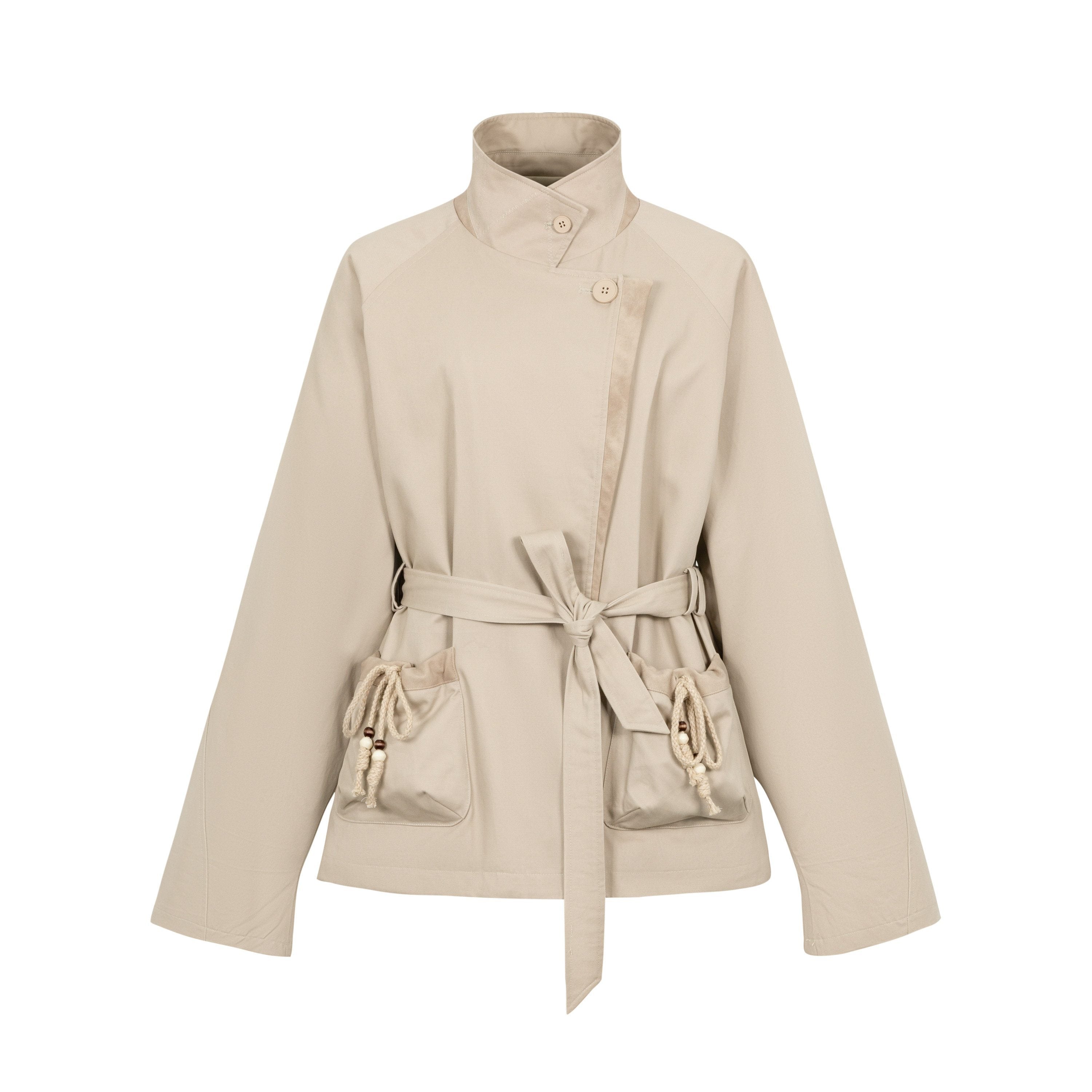 Dorydory_Oatmeal_Gray_Stand_Collar_Mid_Length_Waist_Cinch_Women&
