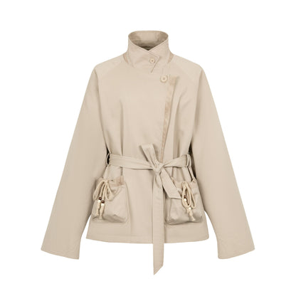 Dorydory_Oatmeal_Gray_Stand_Collar_Mid_Length_Waist_Cinch_Women&