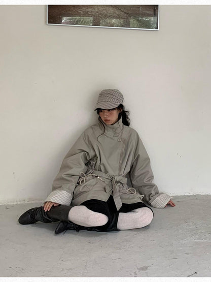 Dorydory Oatmeal Gray Stand Collar Mid Length Waist Cinch Women&