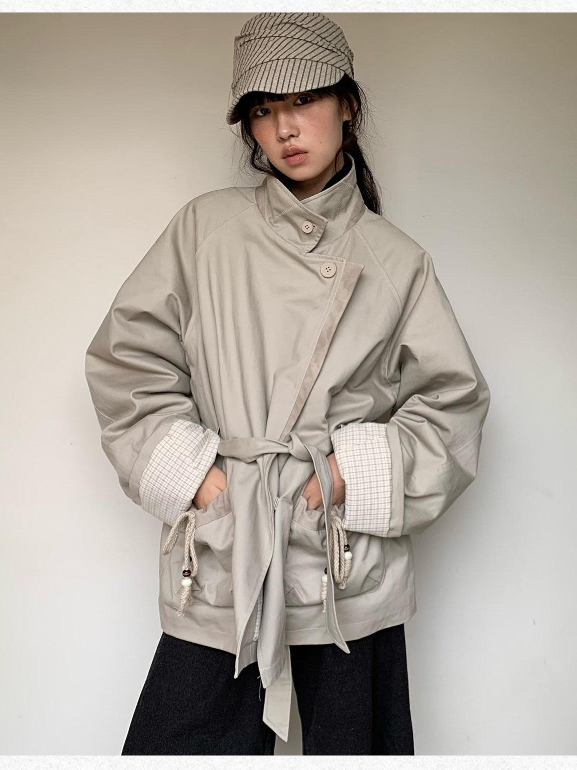 Dorydory Oatmeal Gray Stand Collar Mid Length Waist Cinch Women&