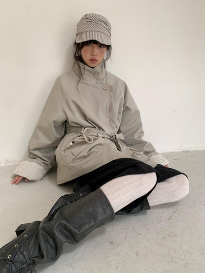 Dorydory Oatmeal Gray Stand Collar Mid Length Waist Cinch Women&