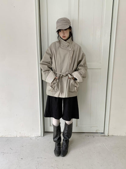 Dorydory Oatmeal Gray Stand Collar Mid Length Waist Cinch Women&