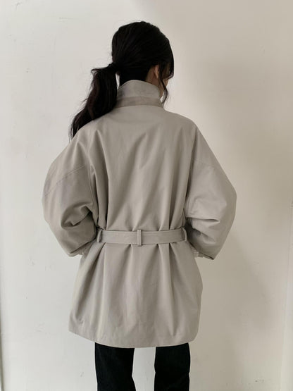 Dorydory Oatmeal Gray Stand Collar Mid Length Waist Cinch Women&