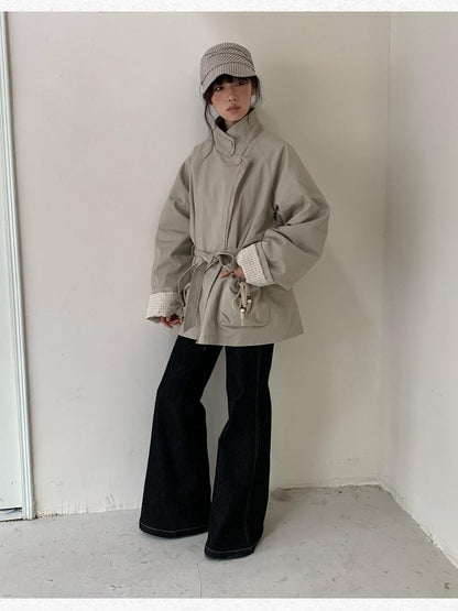 Dorydory Oatmeal Gray Stand Collar Mid Length Waist Cinch Women&