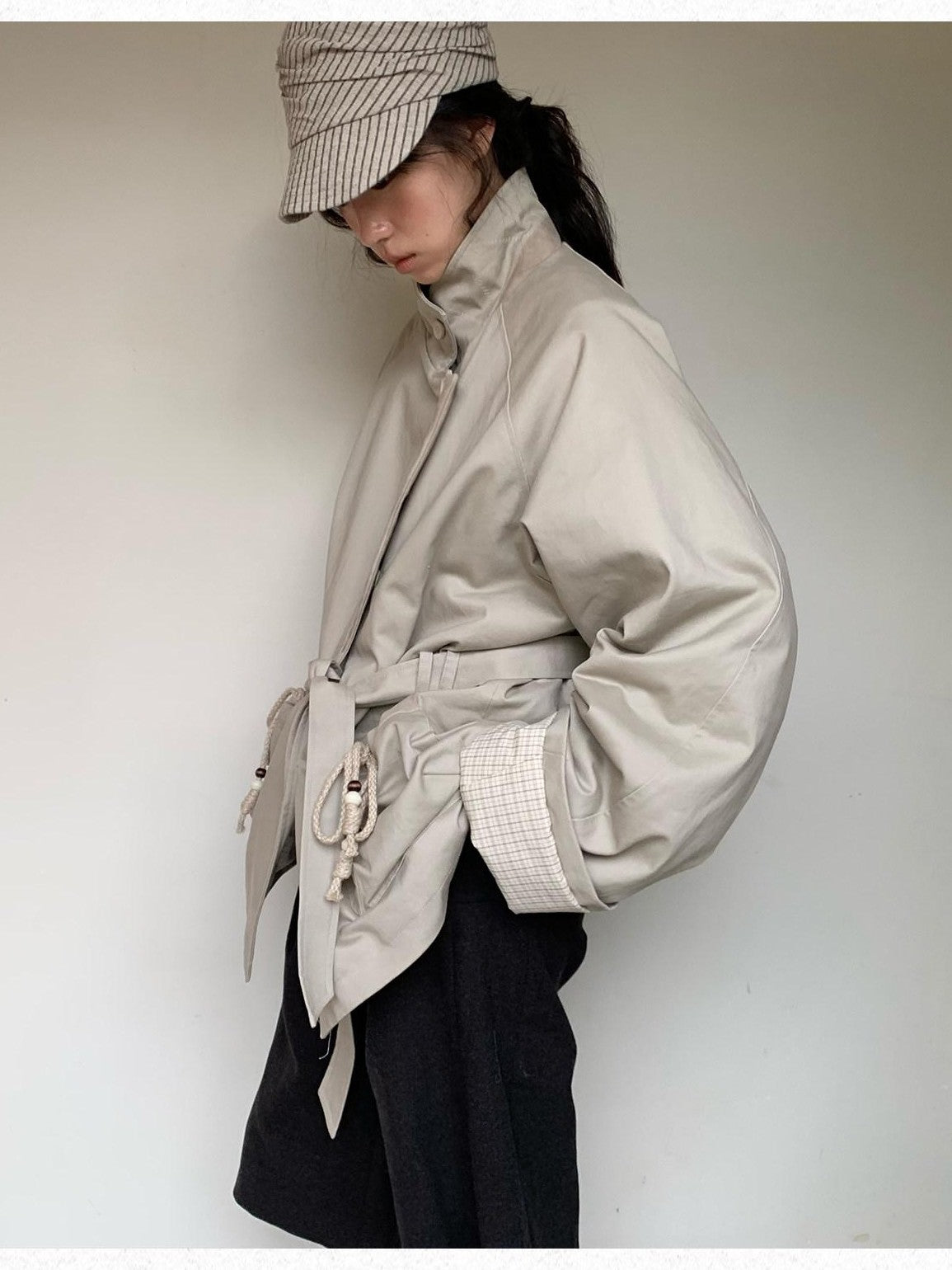 Dorydory Oatmeal Gray Stand Collar Mid Length Waist Cinch Women&