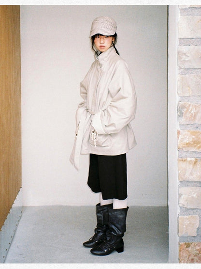 Dorydory Oatmeal Gray Stand Collar Mid Length Waist Cinch Women&