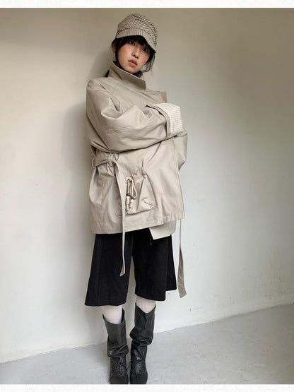 Dorydory Oatmeal Gray Stand Collar Mid Length Waist Cinch Women&