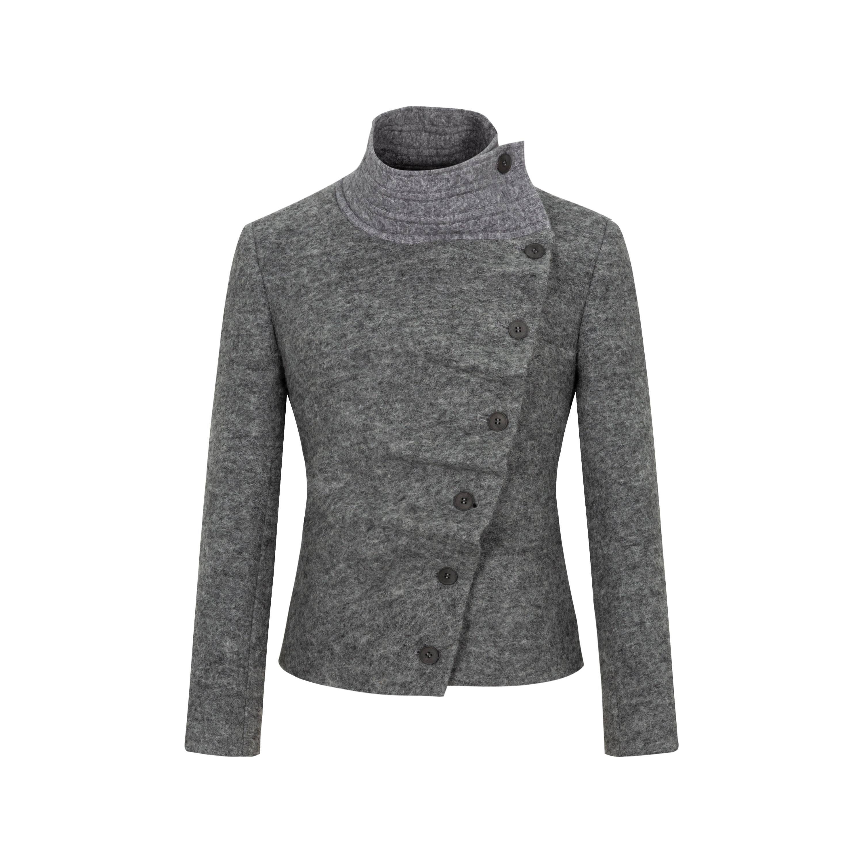 Dorydory_Oatmeal_Knitted_Collar_Patchwork_Asymmetric_Placket_Women&