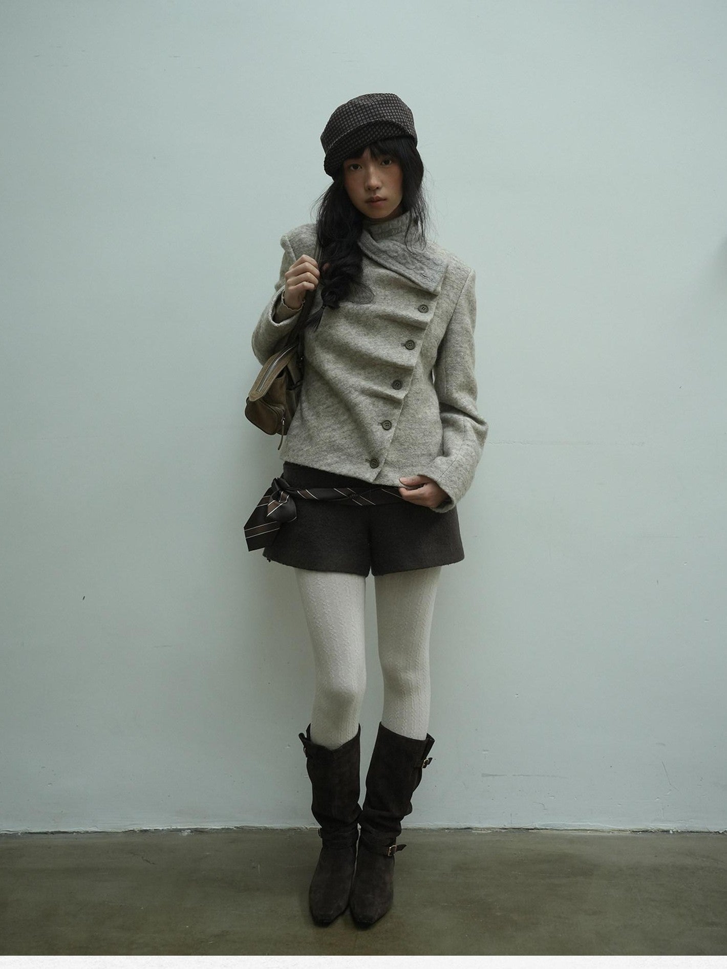 Dorydory Oatmeal Knitted Collar Patchwork Asymmetric Placket Women&