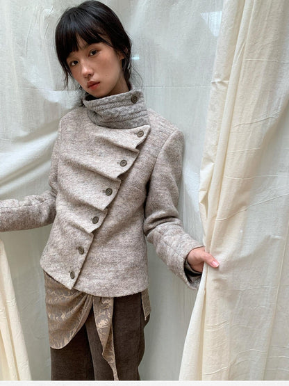 Dorydory Oatmeal Knitted Collar Patchwork Asymmetric Placket Women&